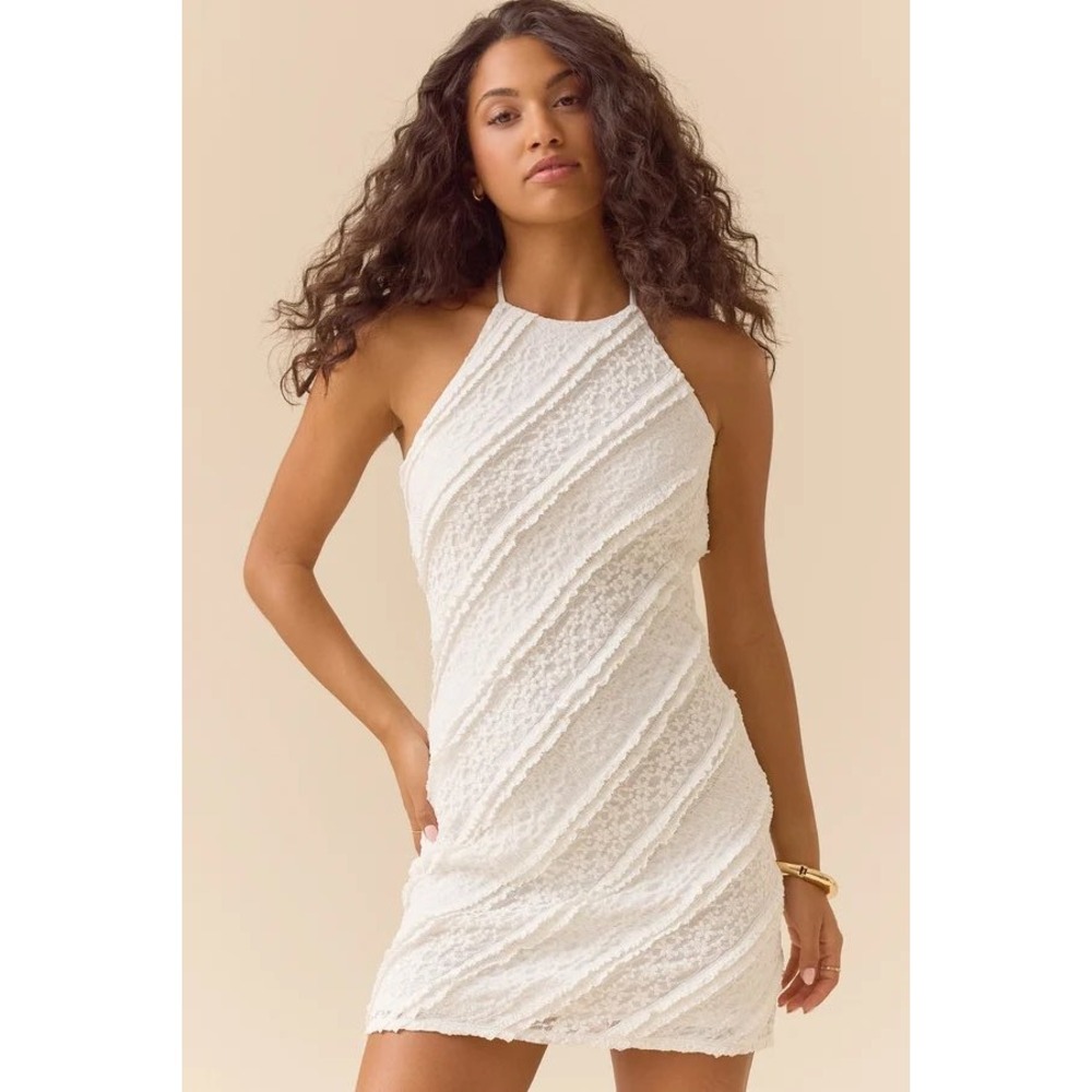Altar'd State White Lace Halter Mini Dress Open Back Ruffle Tiered Size XS